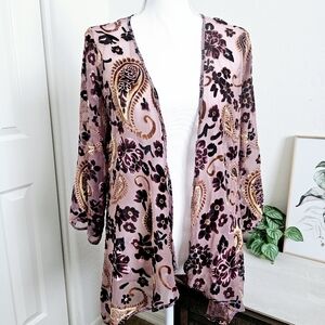 🌺3/$30 Kamana Bohemian Velvet Paisley Floral Open Kimono Cardigan SZ Small